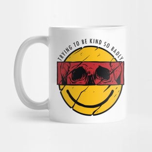 Be Kind Funny Yellow Smiley Vintage Face with Skull white shirt Mug